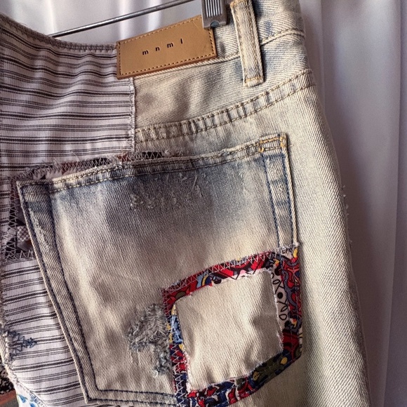 MNML Patchwork Denim Jeans Light Blue Wash Fabric Patches Button Fly Men's 36 - Picture 14 of 16